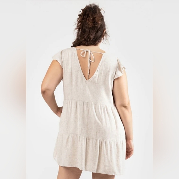 Linen Babydoll Mini Dress Light Birch/Oatmeal Large - Picture 2 of 8